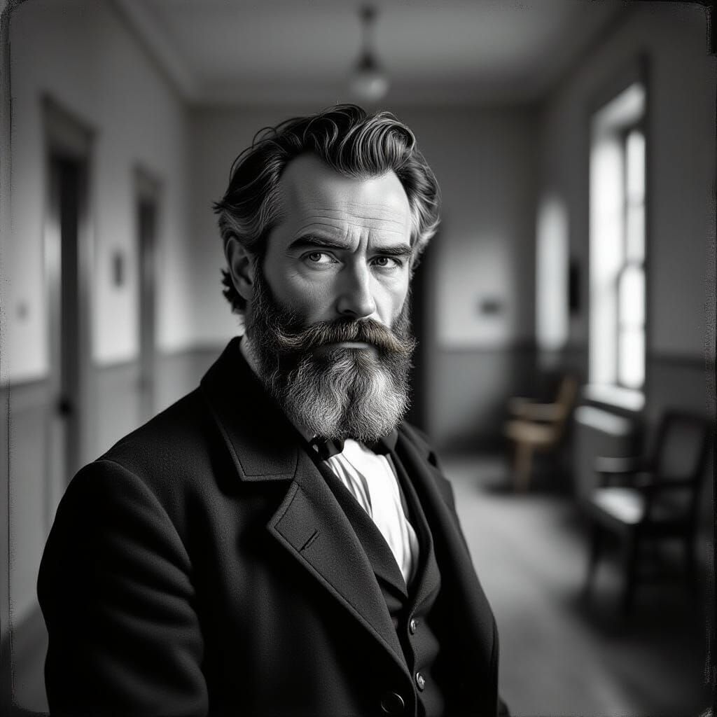 Bearded Psychiatrist in 1830s Asylum, Enigmatic Expression