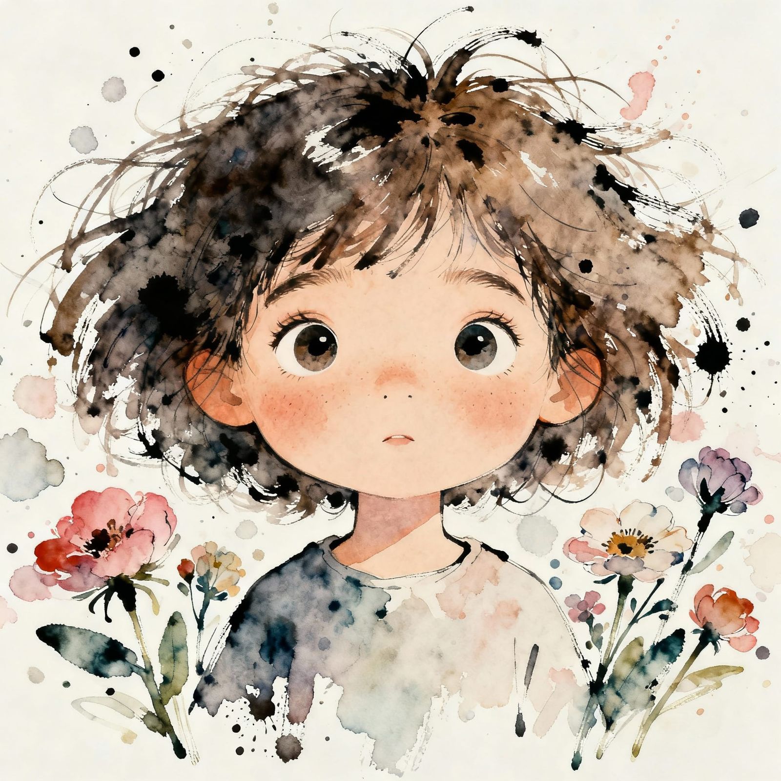 Quirky Girl with Fuzzy Hair and Flowers, Watercolor Splashes