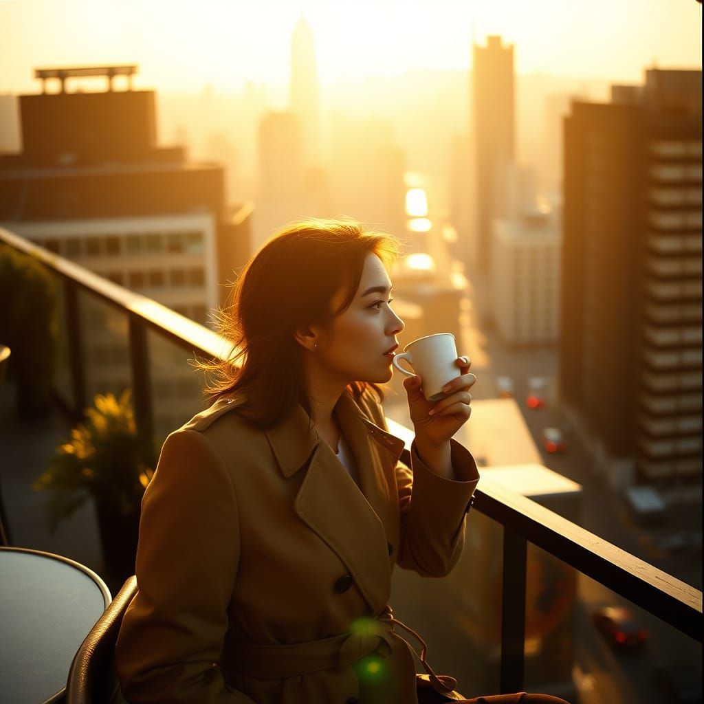 Contemplative Woman at Rooftop Cafe in Gregory Crewdson Styl...