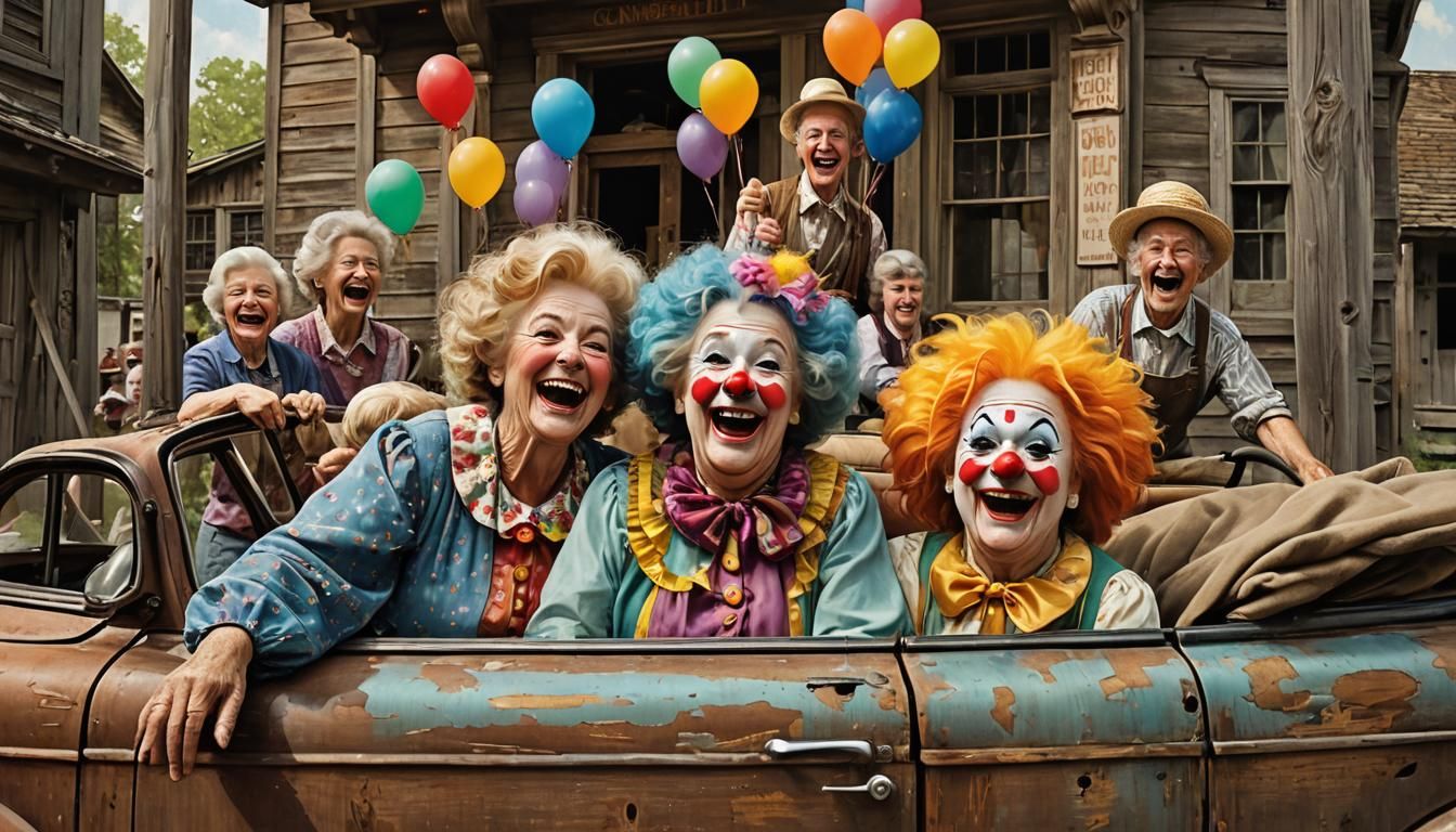 Grandmas' Joyful Clown Car Adventure: Vivid Oil Painting