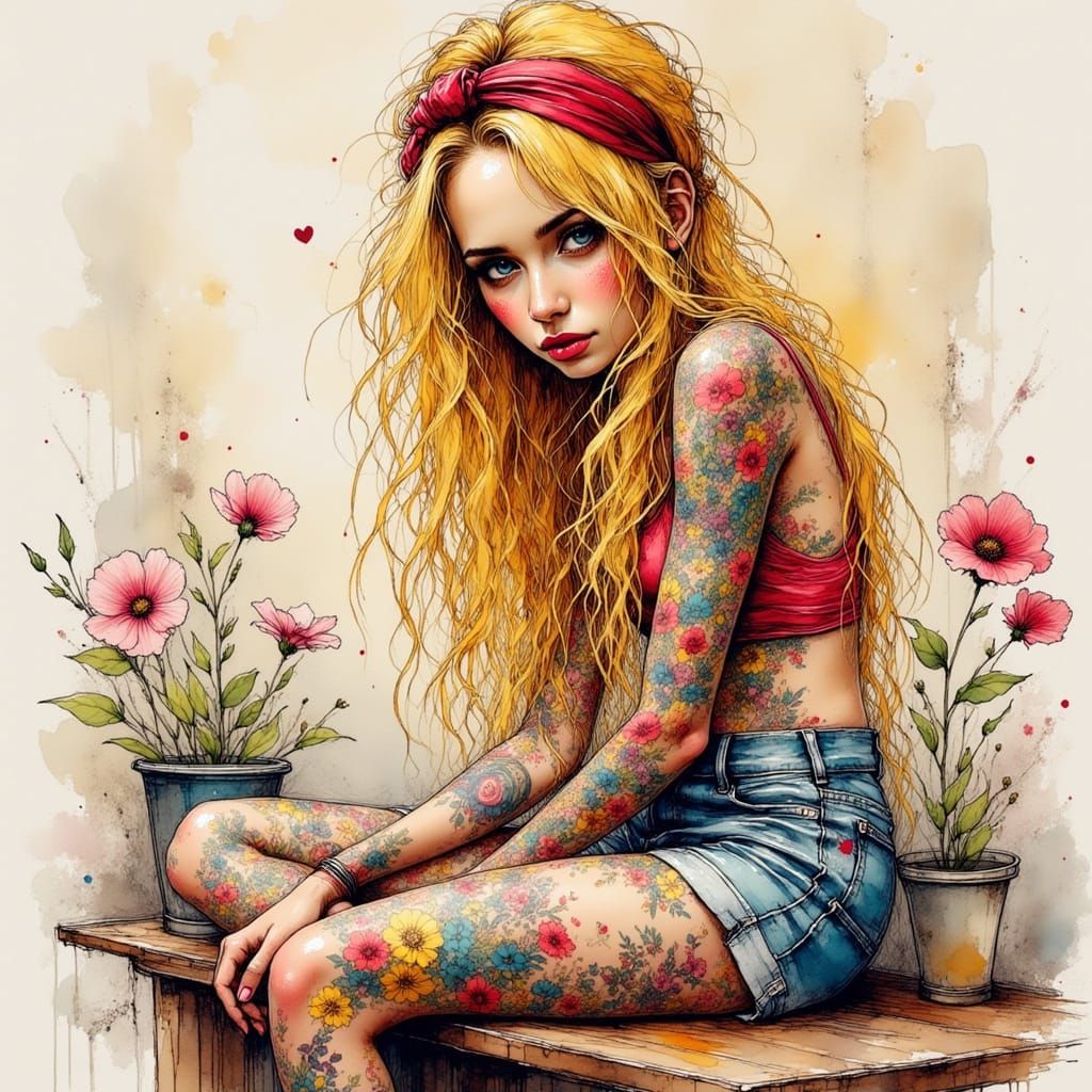 Tattooed Woman in Playful Realism Style