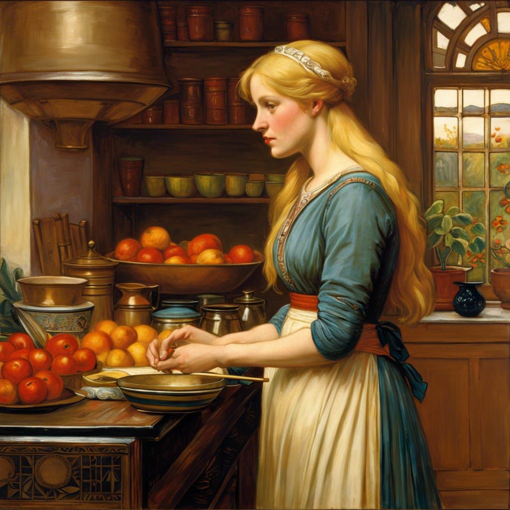 Blonde Woman in Kitchen, Waterhouse Style