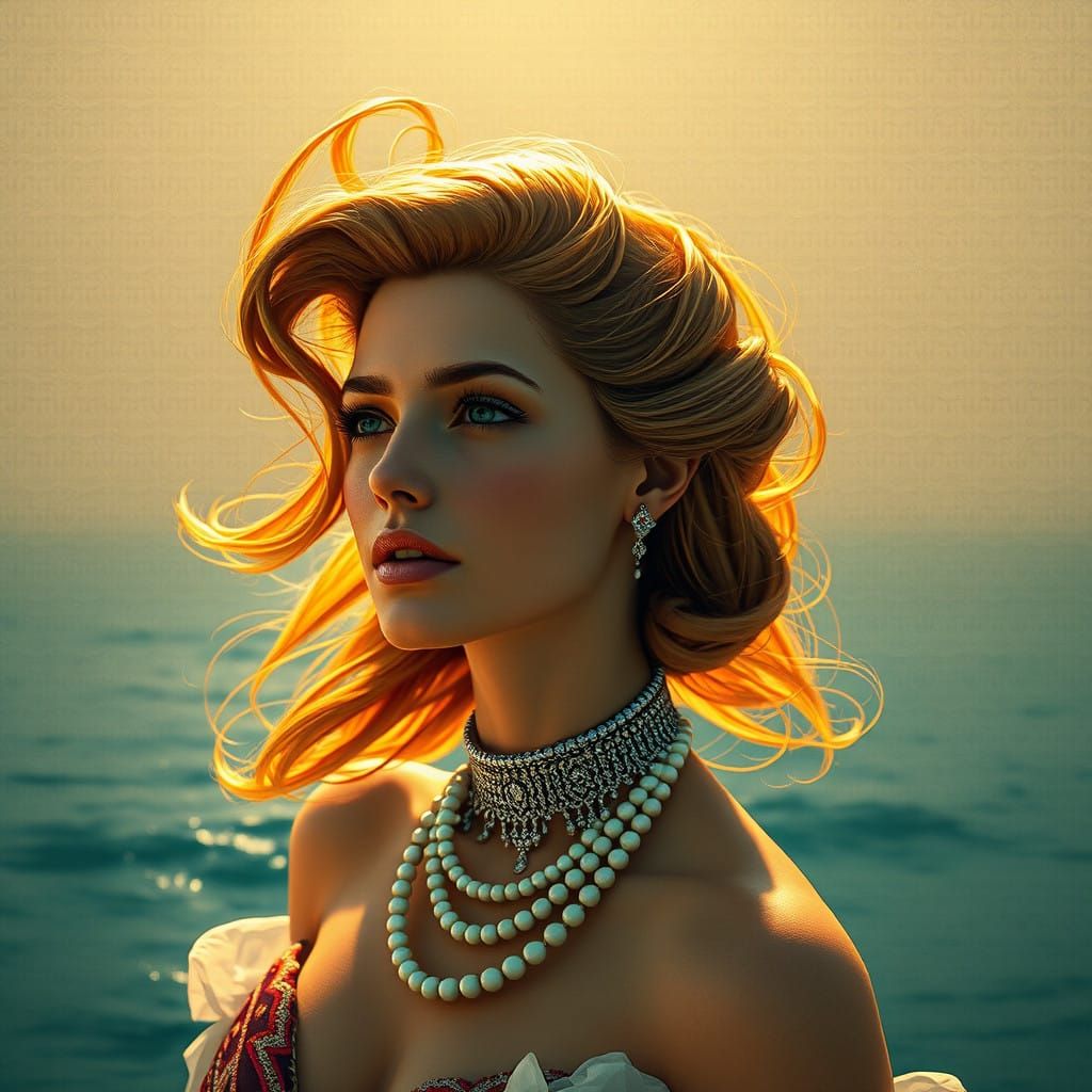 Elegant Woman Gazing Out to Sea in Art Nouveau Style