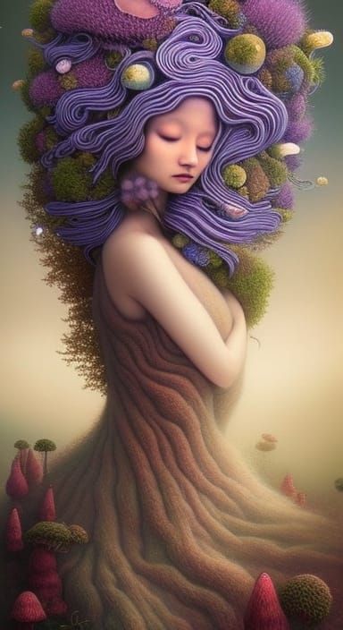 Snail-Woman Hybrid in Mycelium Network, Surreal Art