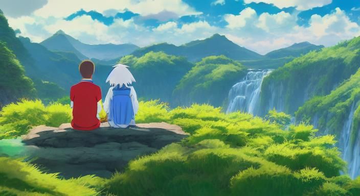Meditating Couple in Scenic Mountain View: Anime Style