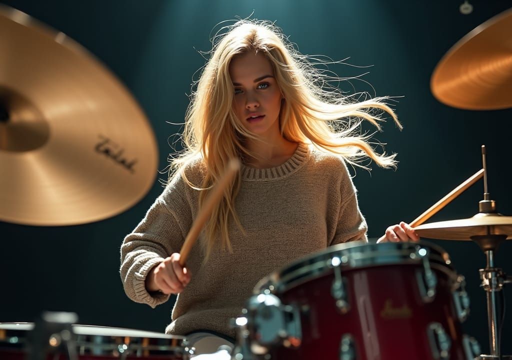 Blonde Woman Drummer in Hyperrealistic Photo