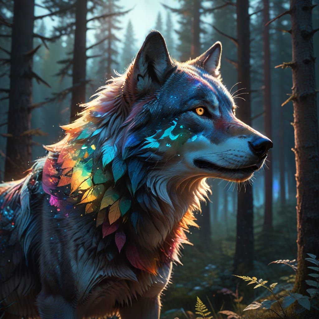 Majestic Wolf with Rainbow Aura in Canadian Wilderness Doubl...