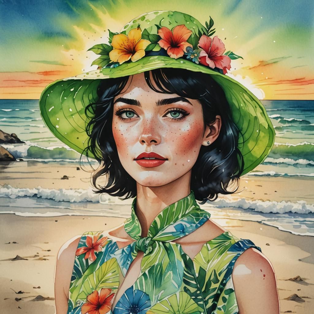 Neon Beach Portrait in Watercolor Style