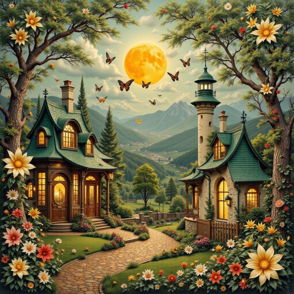 Romantic Art Deco beautiful happy whimsical village, brown g...