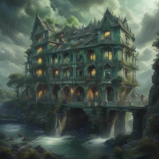 A green and white hotel, split in two, both halves looking c...