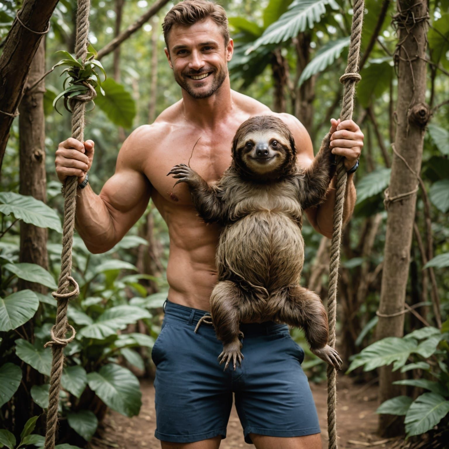Muscular Tarzan Swings with Adorable Sloth