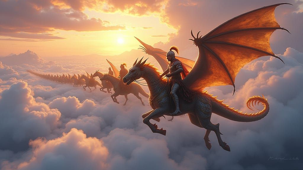 Valiant Warriors Ride Majestic Dragons Through Celestial Exp...