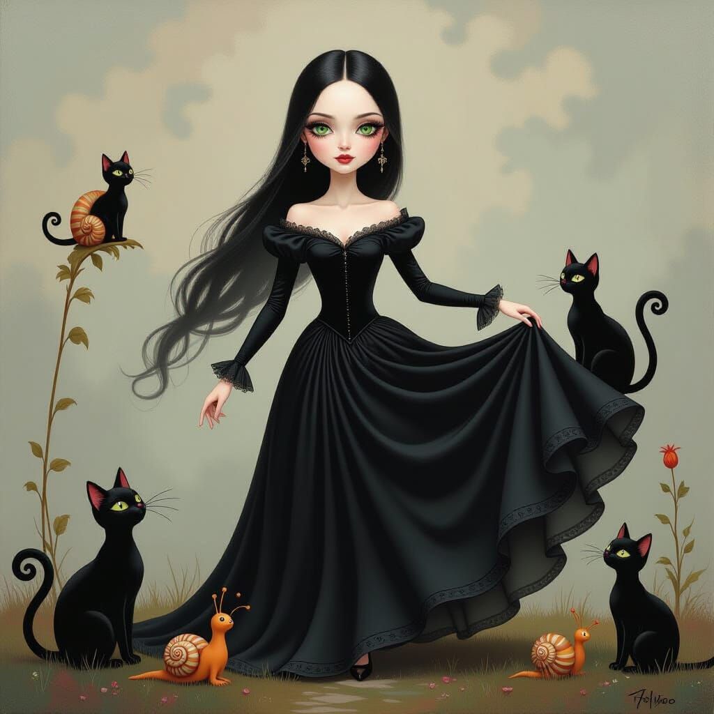 Whimsical Gothic Dress Oil Painting with Surreal Details