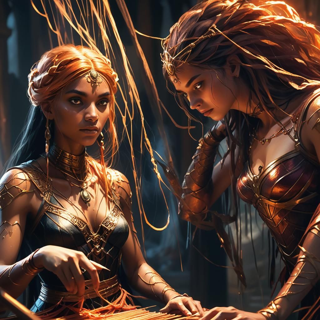 Arachnia Weaving with Athena: Luminescent Fantasy Art