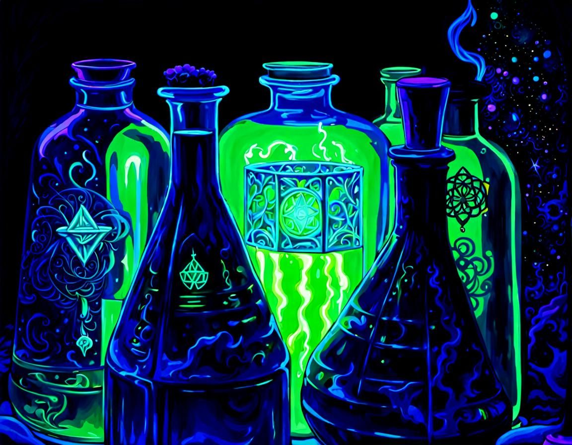 Glowing Alchemist Bottles in Dark Magic Ritual