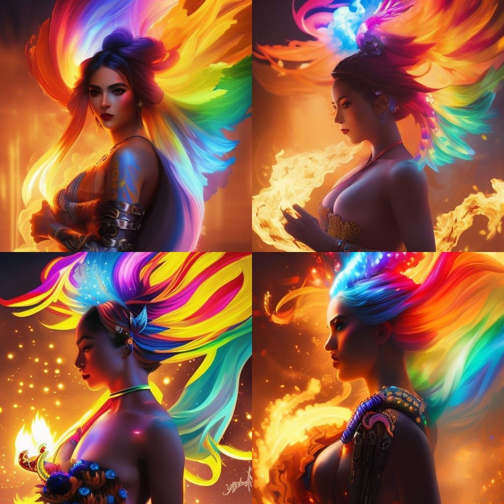 Rainbow Flaming Samurai Woman: Hyperdetailed Concept Art