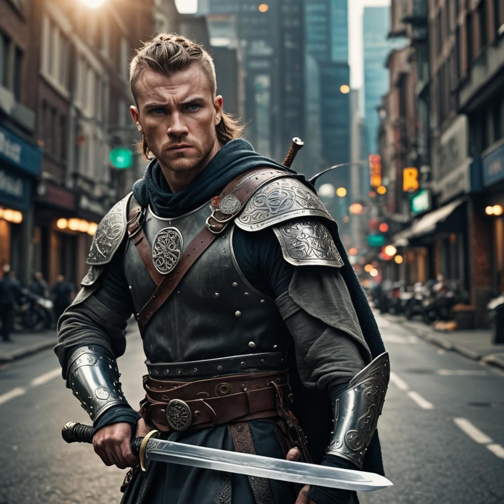 Celtic Warrior in Modern City, Cinematic Portrait