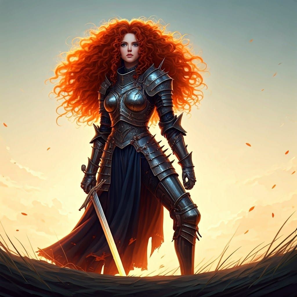 Armored Redhead Heroine on Windswept Hill