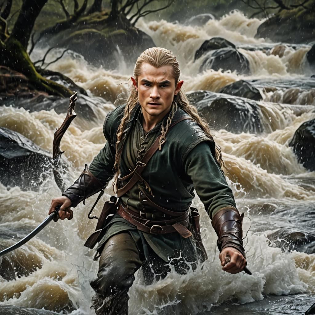 Hyperrealistic Legolas Runs Through Rushing River