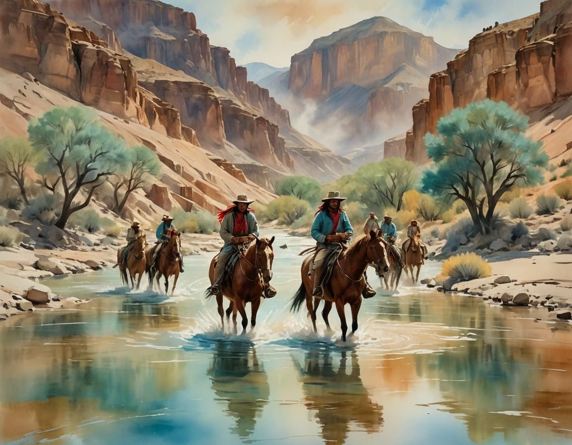 Native Americans in Tabernas Desert: Watercolor Painting