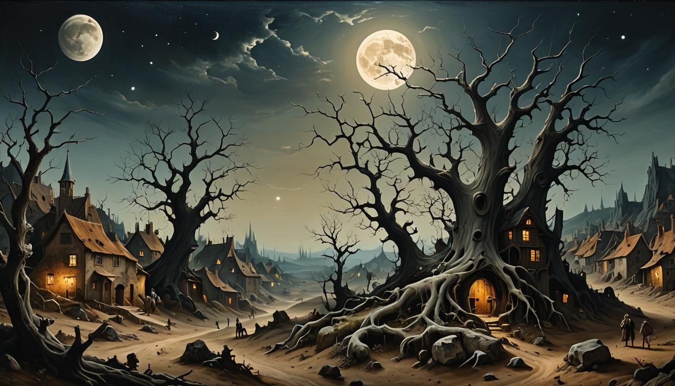 Surreal Moon Village in Style of Bosch and Brueghel