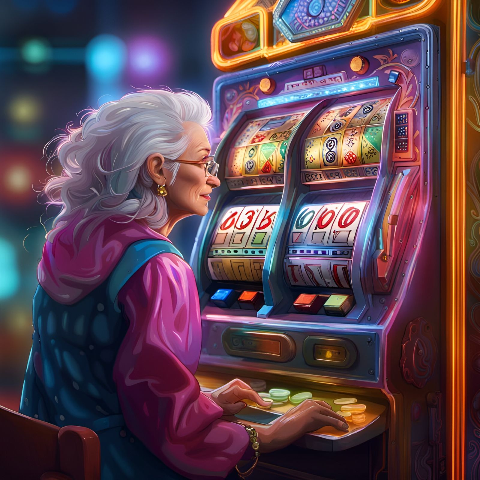 Elderly Woman's Casino Jackpot in Digital Art Style