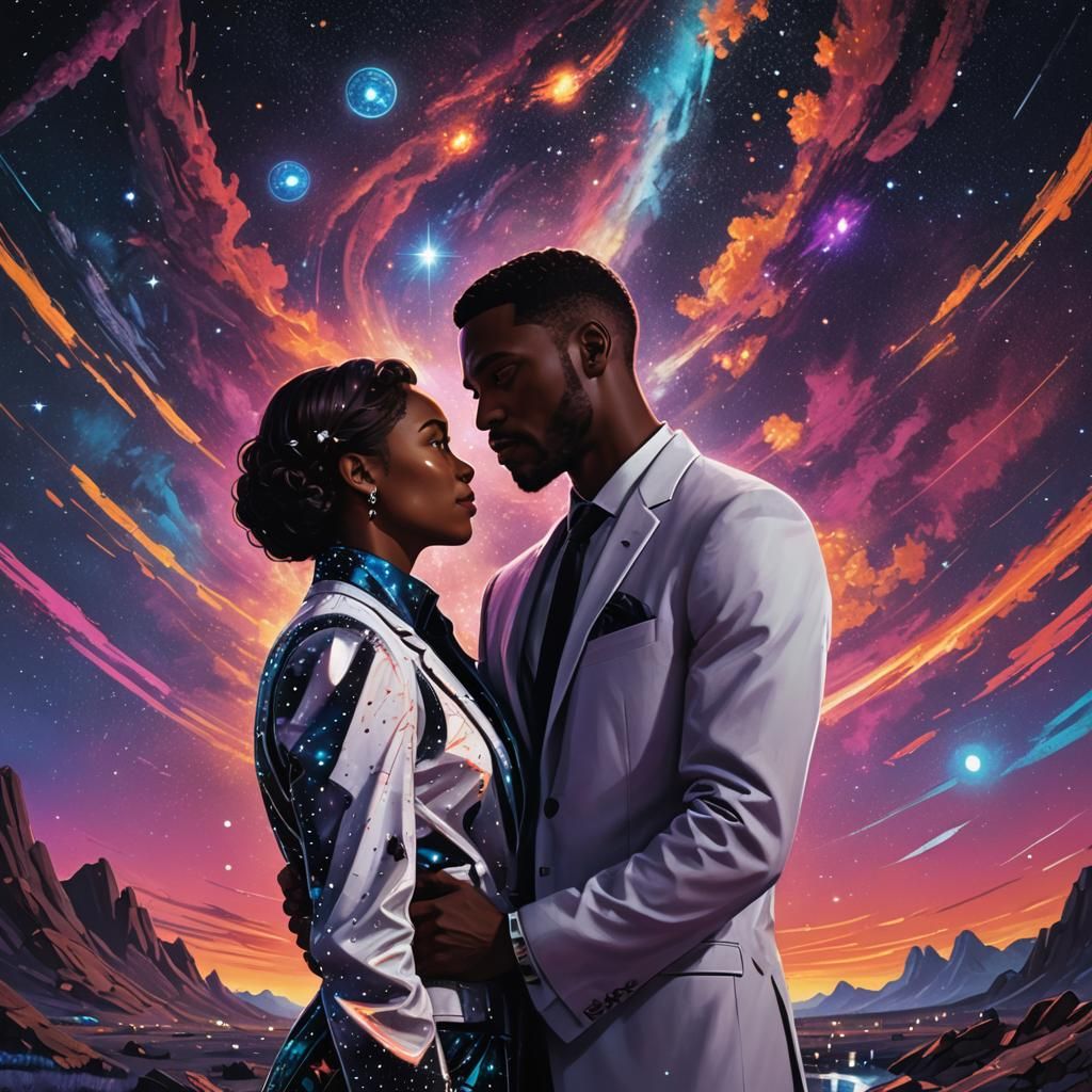 Interracial Couple Embrace in Sci-Fi Universe Backdrop
