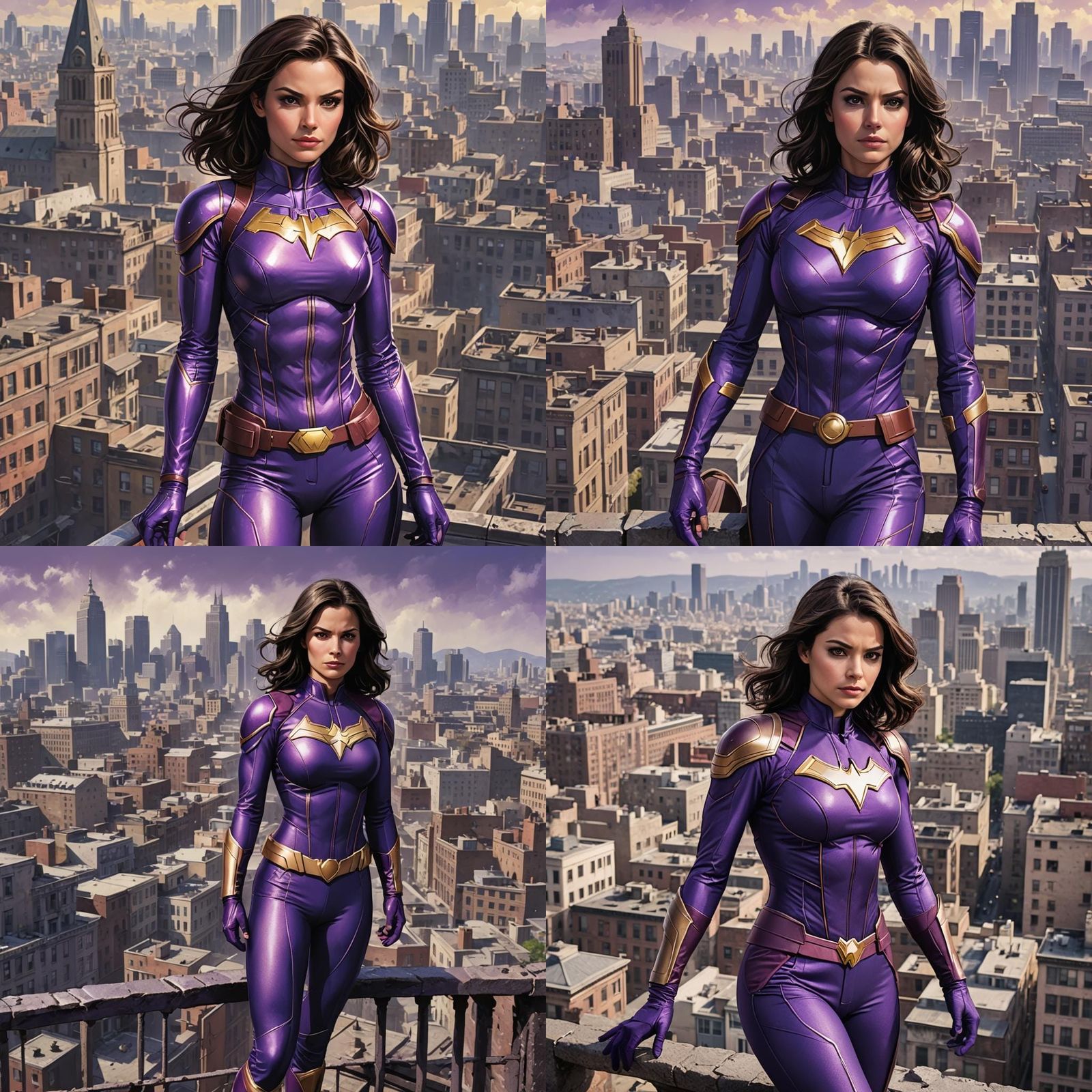 Brunette Superheroine in Purple Suit Over Ancient City