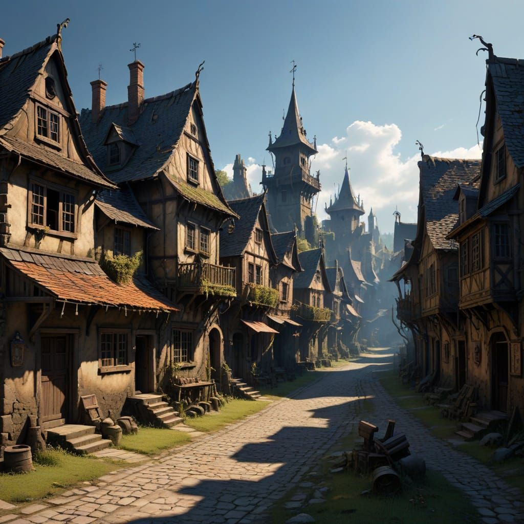 Mysterious Fantasy Village in Twilight Shadows