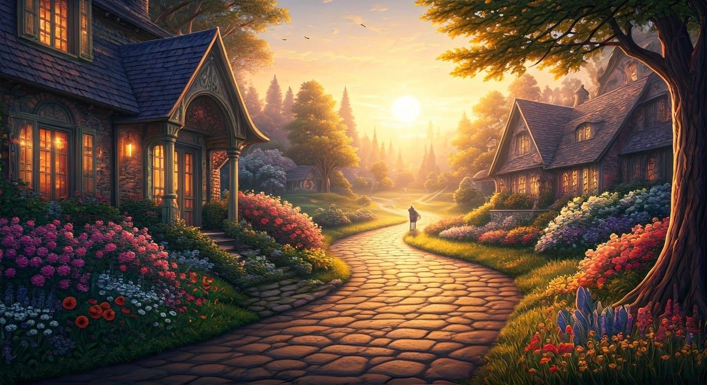 Ethereal Golden Hour Scene in Thomas Kinkade Style