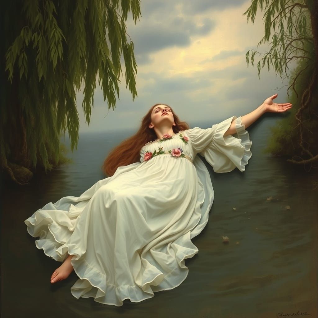 Ophelia Floats Serene in Flower-Adorned Dress