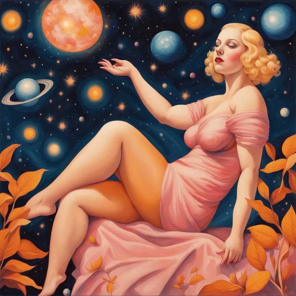 Psychedelic Blonde Among Swirling Stars, Art Deco Style