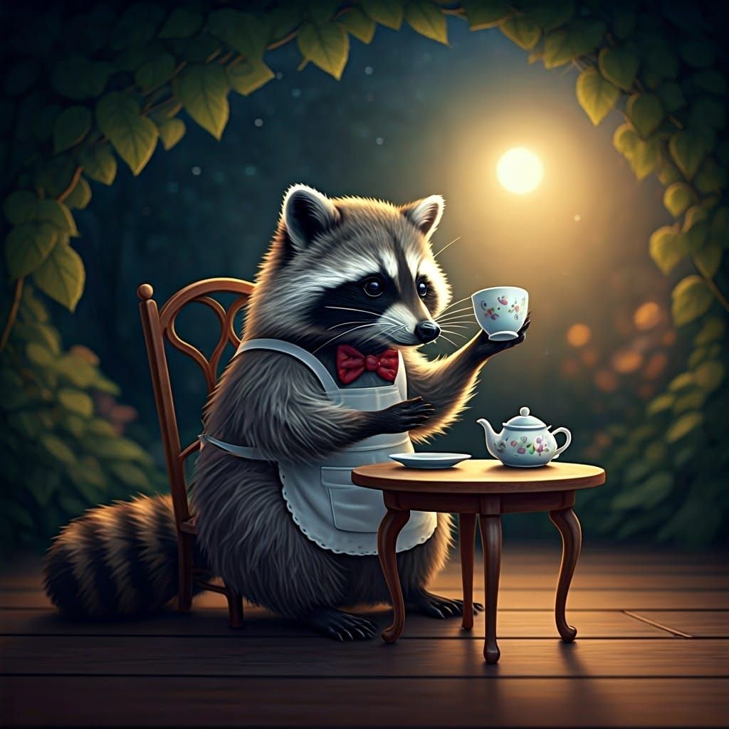 Polite Raccoon Tea Party: Whimsical Illustration