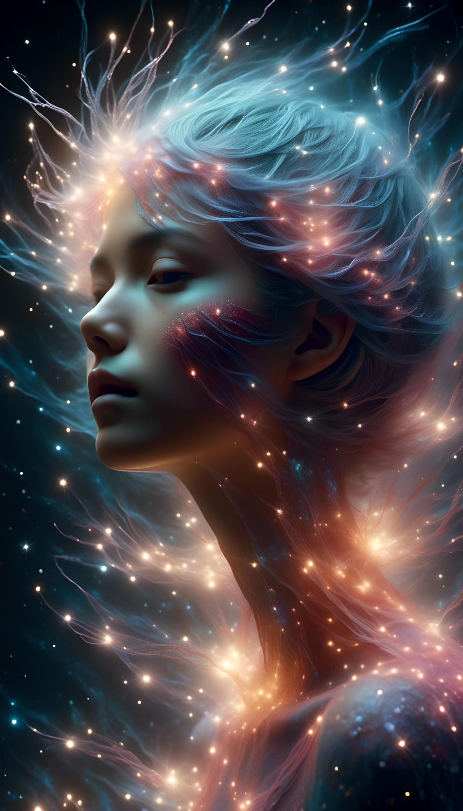 Celestial Humanoid in Nordic Landscape, Double Exposure Art