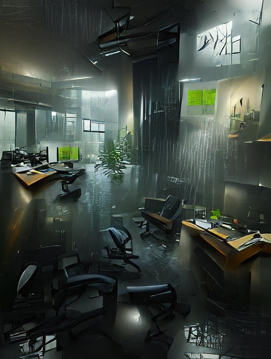 Dark Wet Office Concept Art in 8K