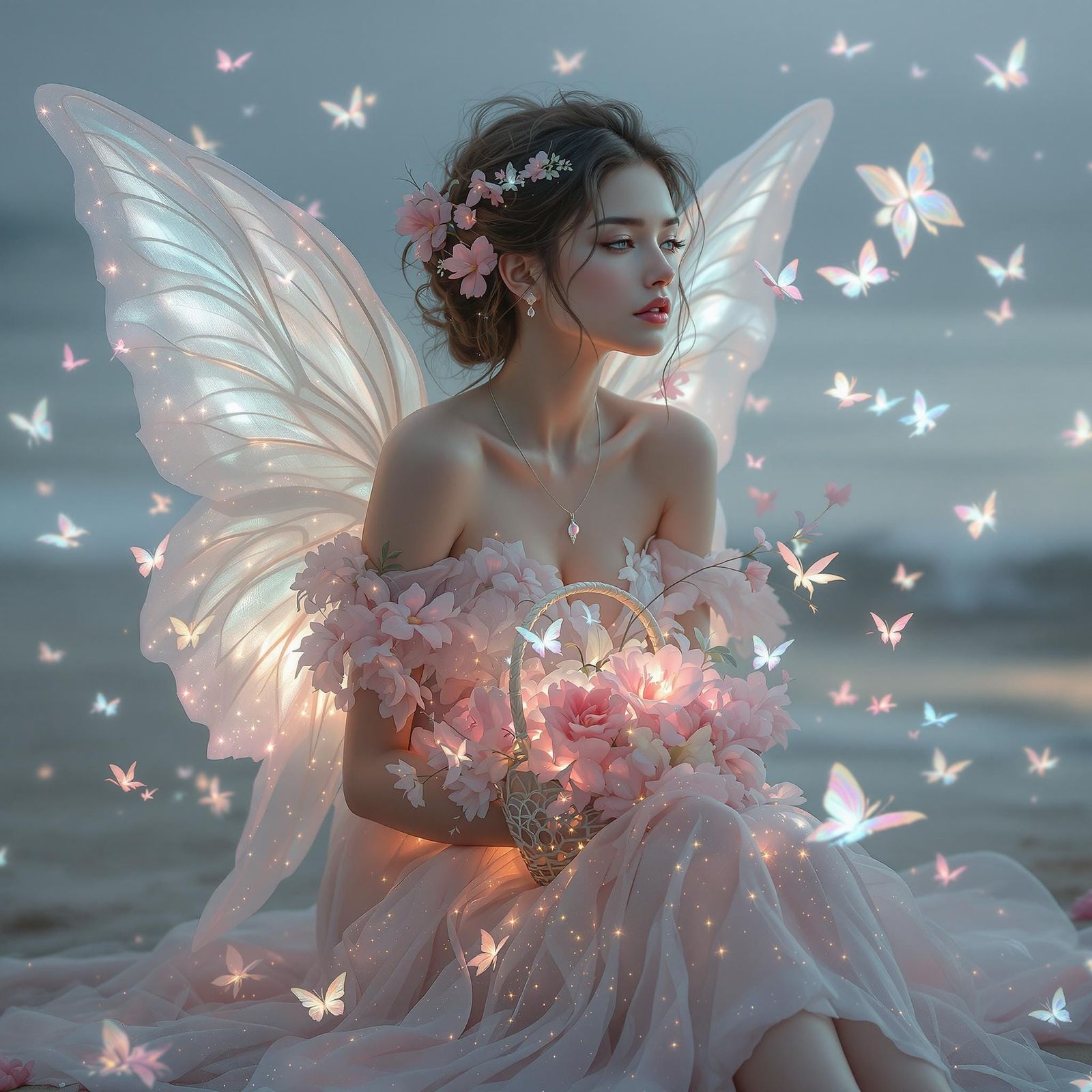 Ethereal Goddess with Translucent Wings in Enchanted Beach S...