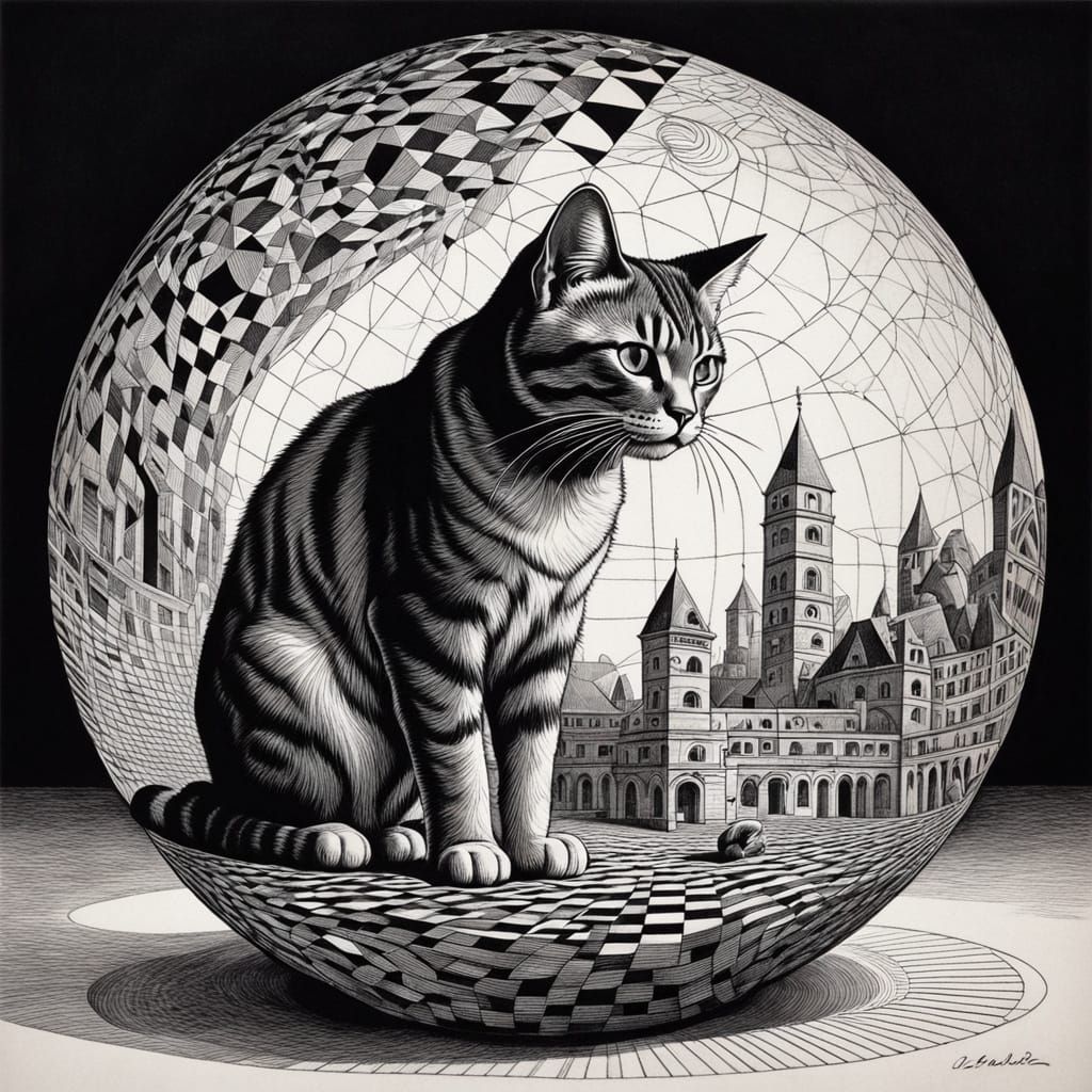Surreal Cat Peers into Glass Globe, Optical Illusion in Esch...