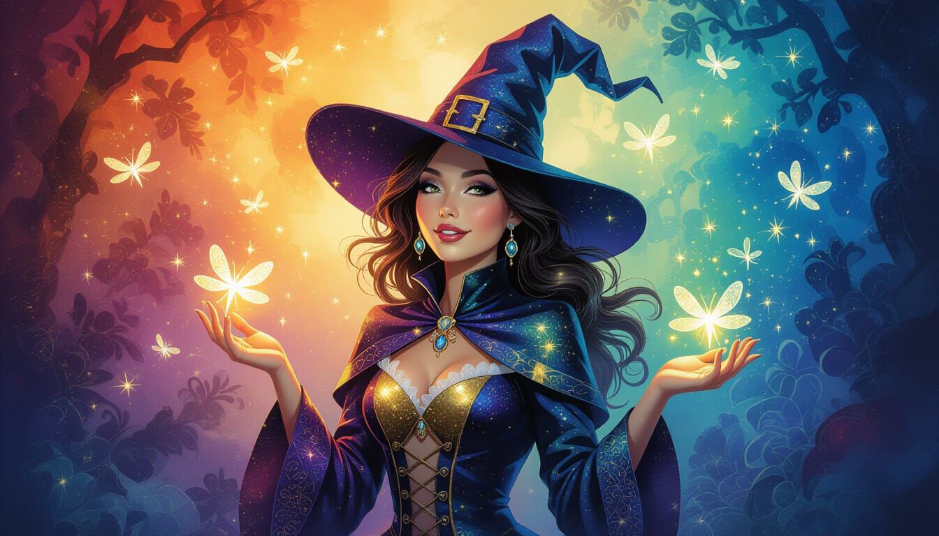 Whimsical Witch in Enchanted Forest, Mixed Media Art