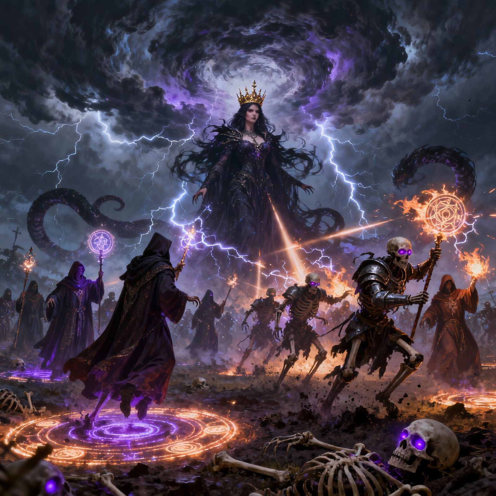Mages Clash with Necromancer in Stormy Battlefield