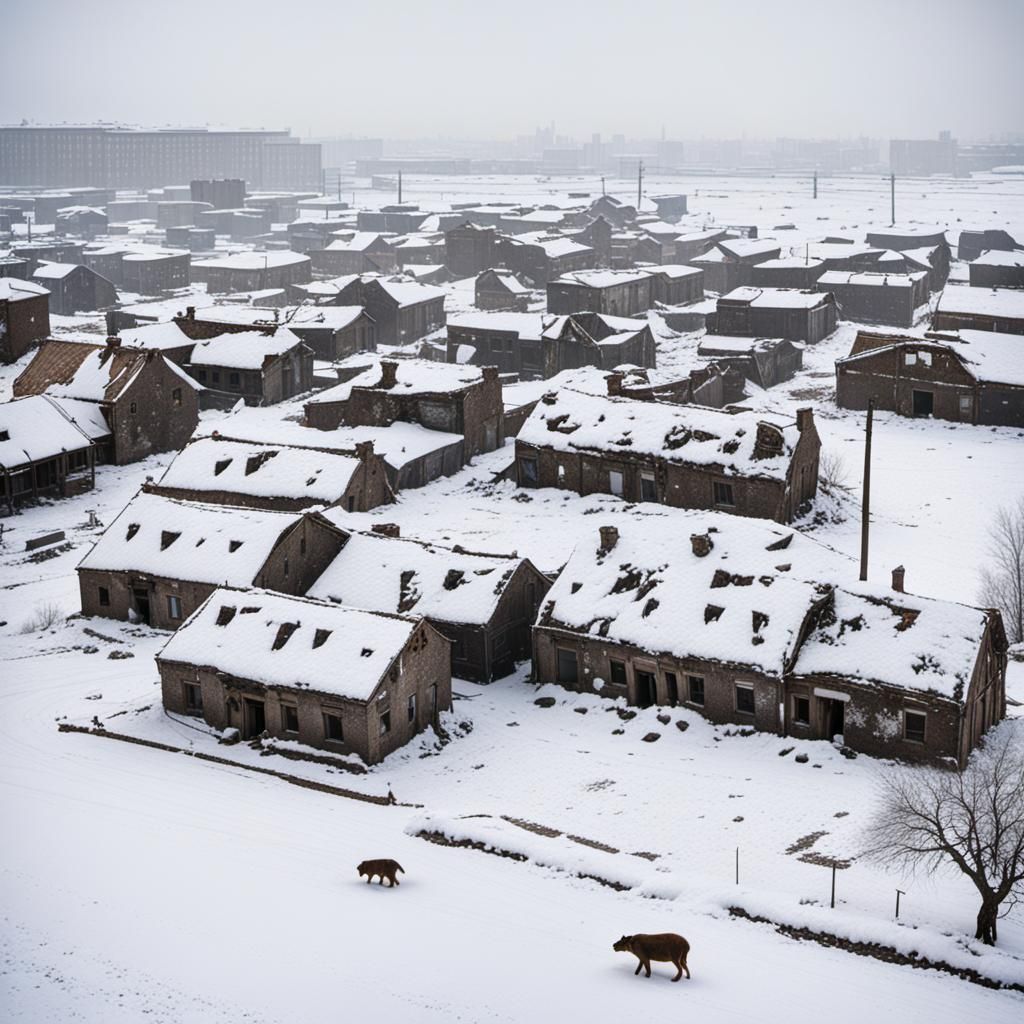 Frosty Abandoned City in Winter Landscape