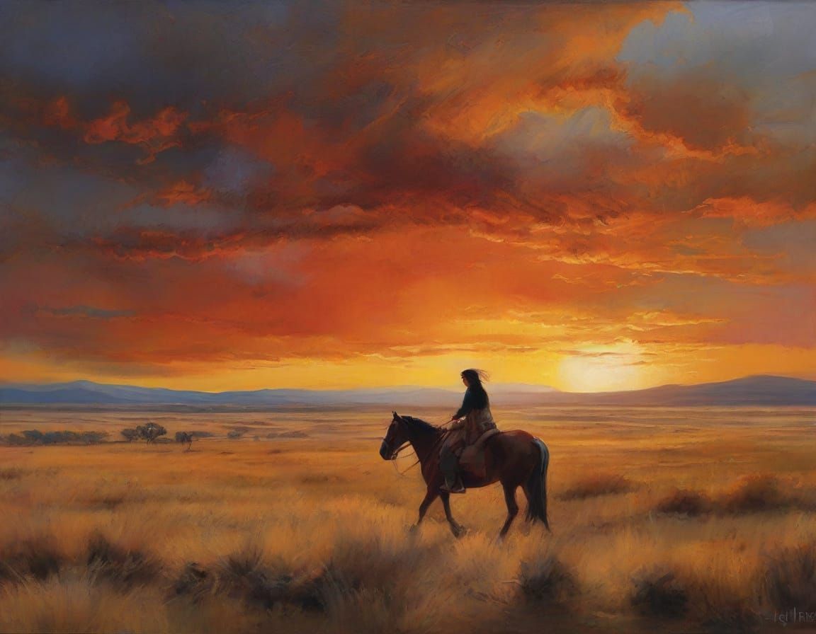 Native American Woman Rides Horse in Turner-Style Landscape