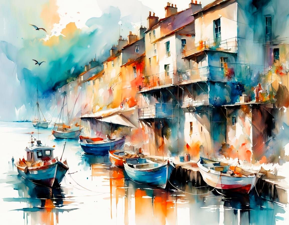 Coastal Village Seascape in Watercolour Style