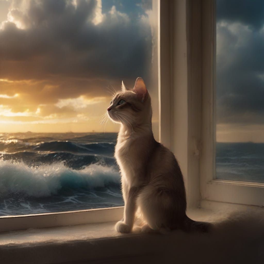 Siamese Cat Watches Turbulent Sea from Lighthouse Window
