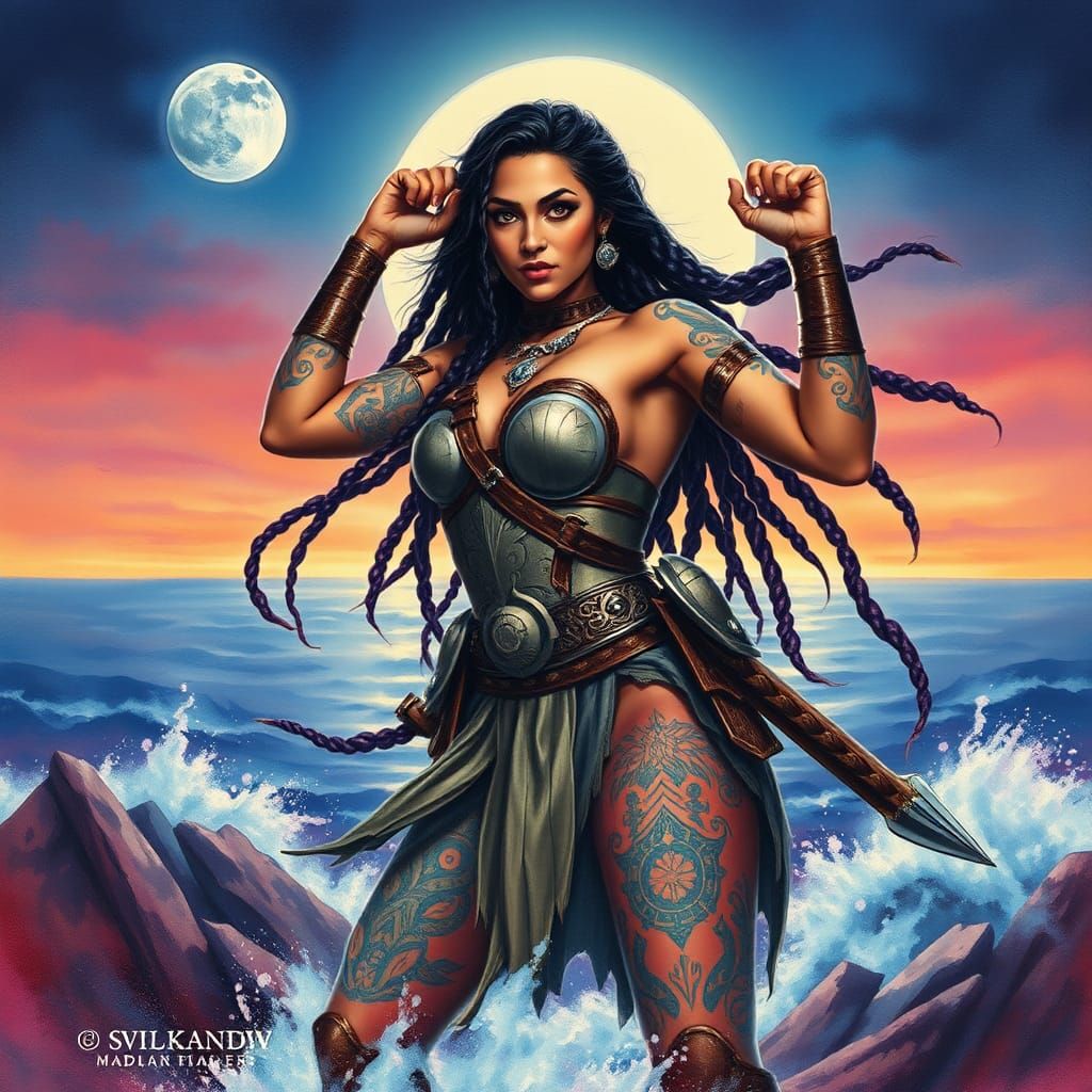 Latina Warrioress in Moonlit Seascape: Surreal Impasto Art
