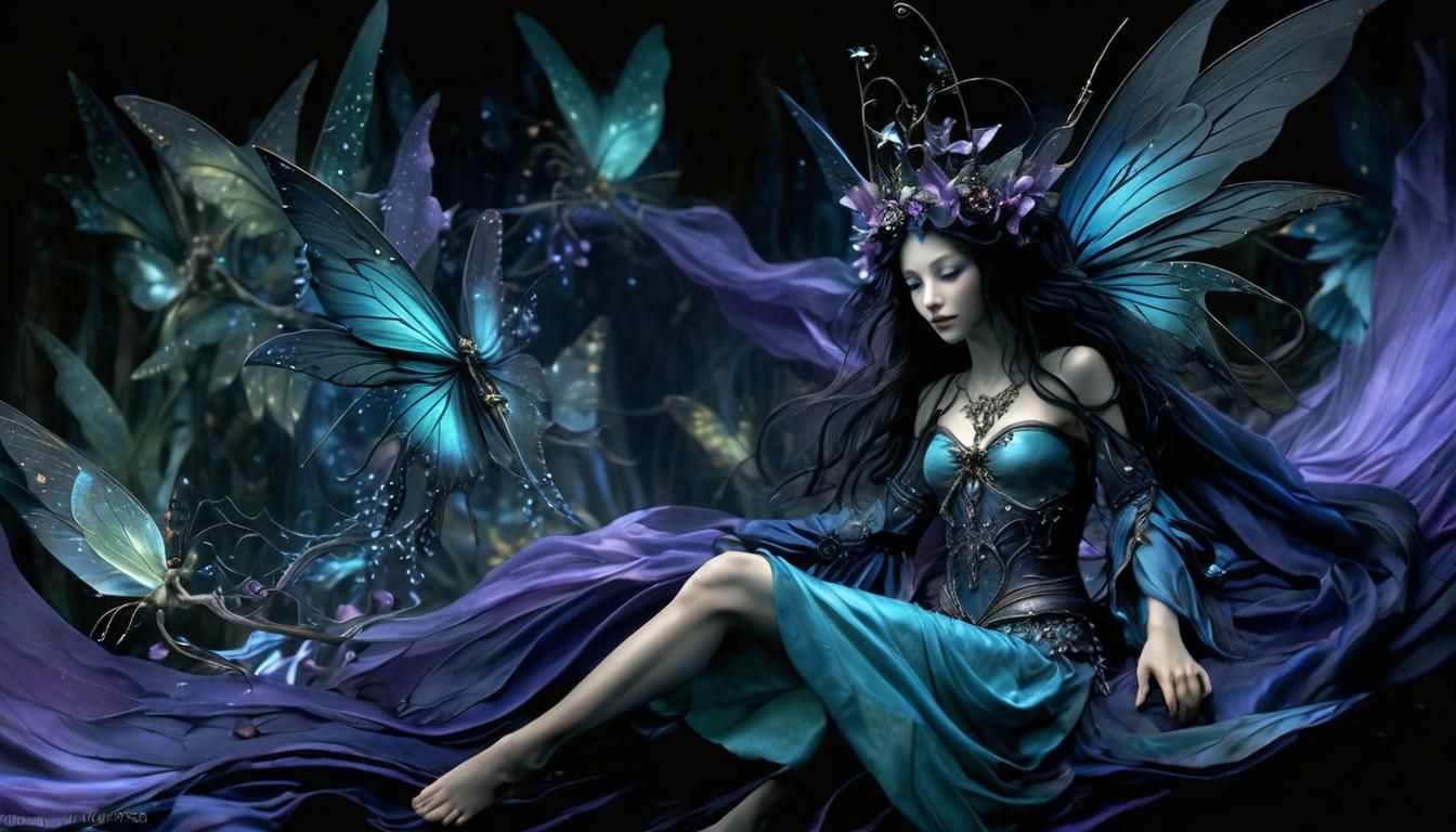 Ethereal Dark Fairy in a Moody Landscape