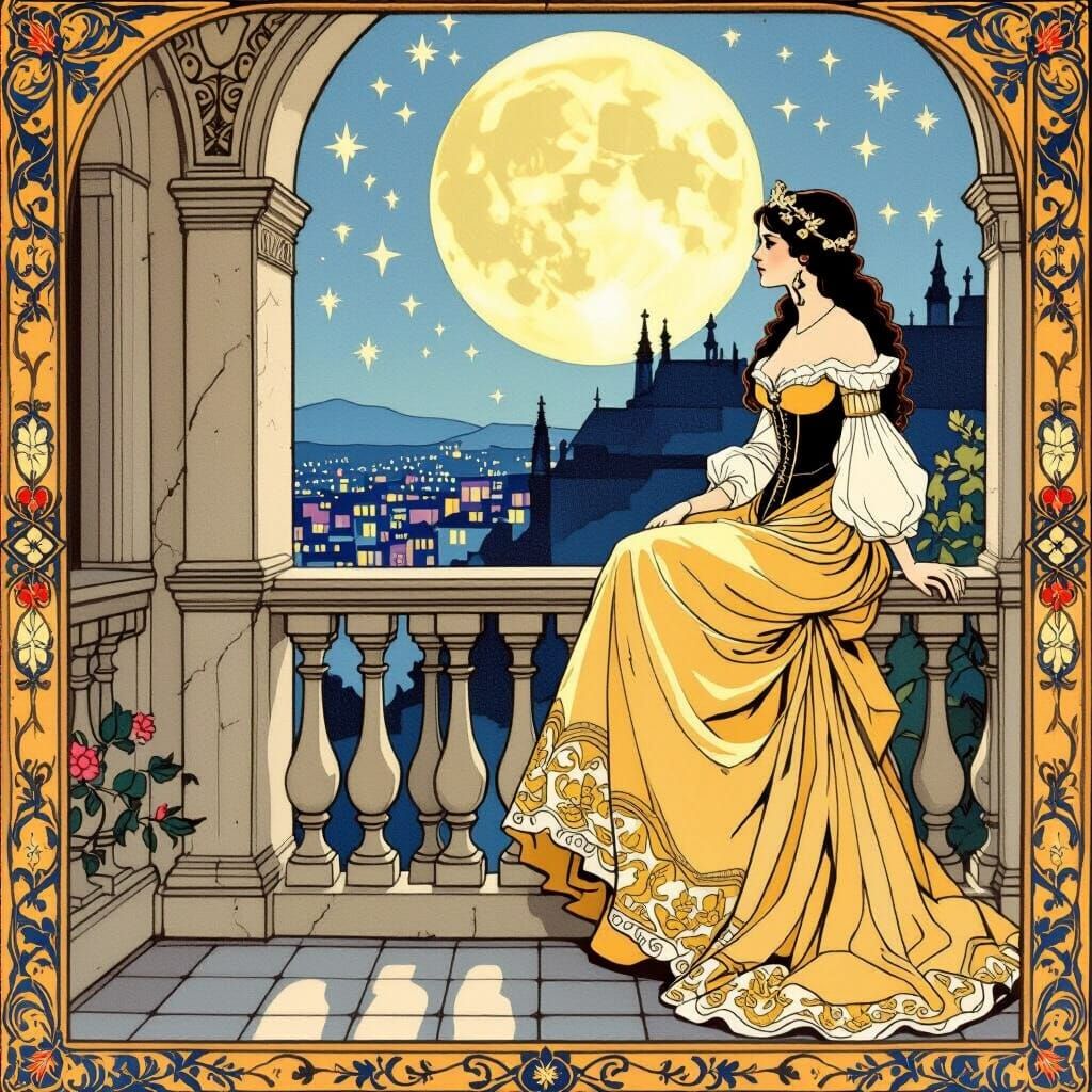 Gothic Princess on Balcony in Moonlight