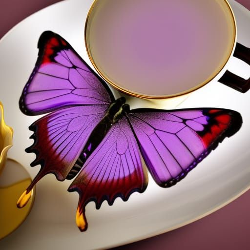 Purple Butterfly on Ornate Teacup Still Life