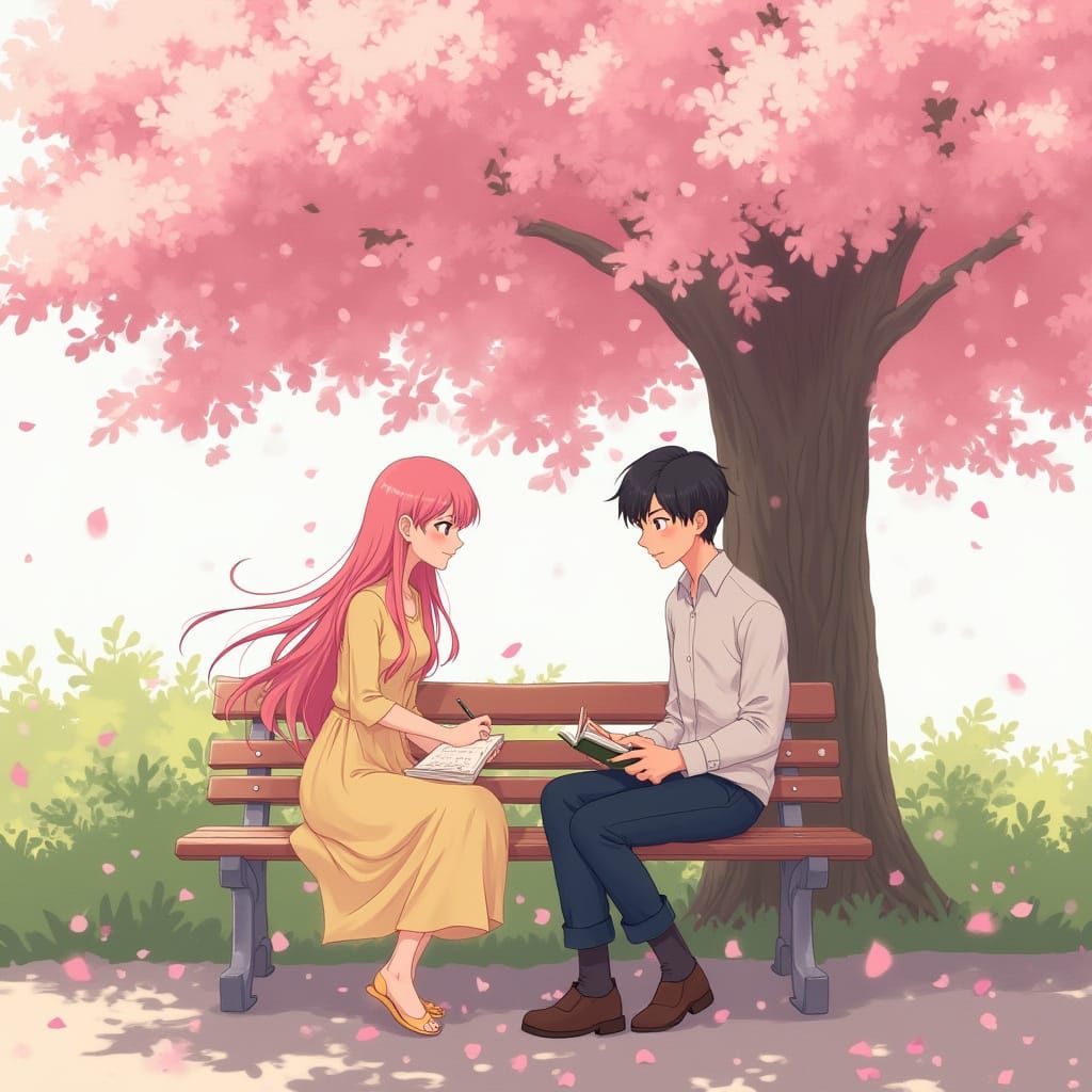 Couple Under Cherry Blossoms in Anime Style