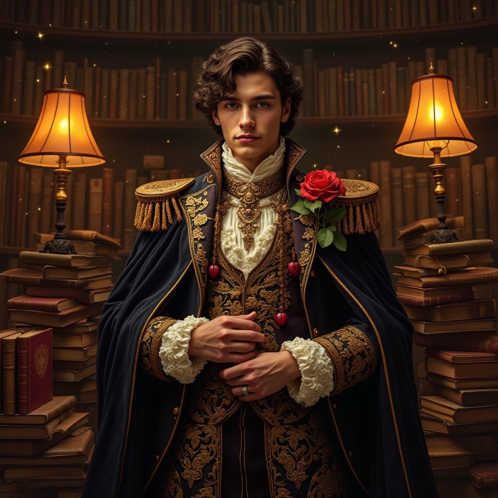 Regal Prince with Rose in Ancient Library