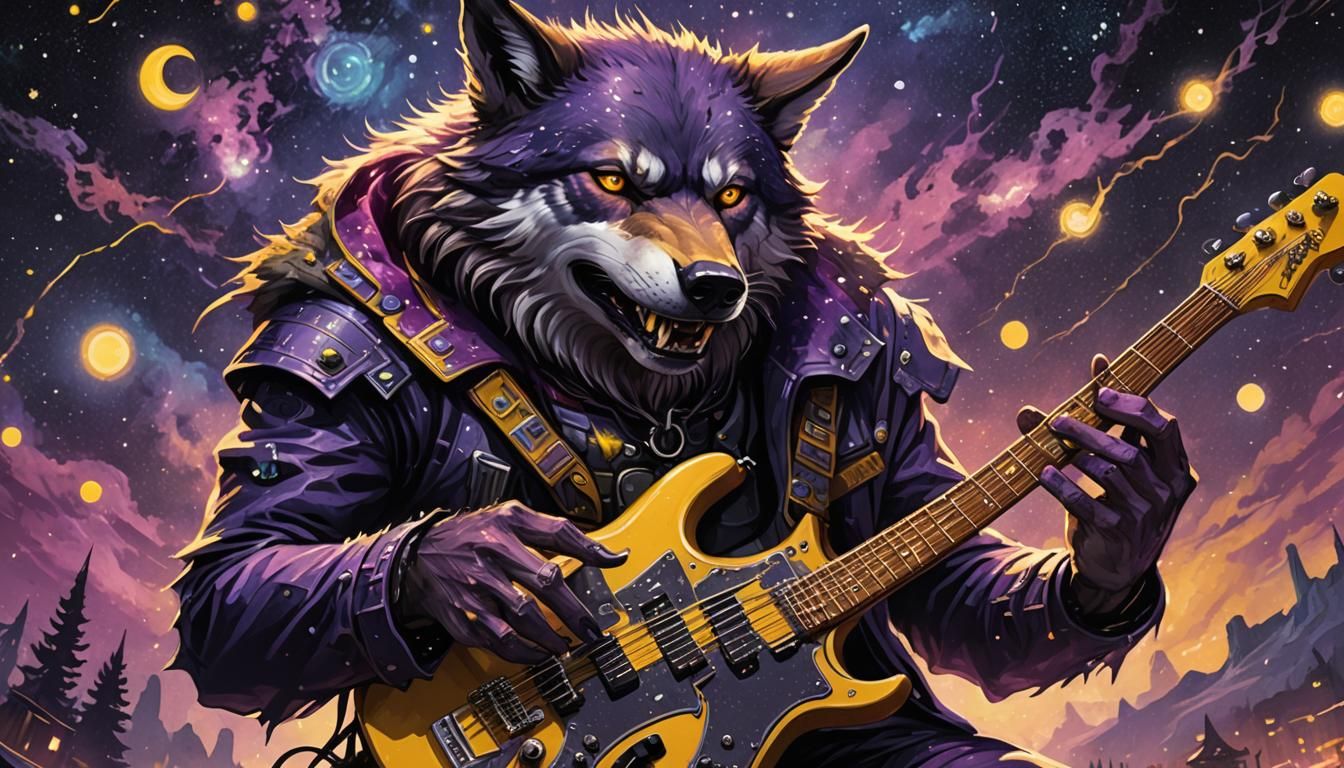 Wolf Man Shreds Guitar Under Starry Night Sky